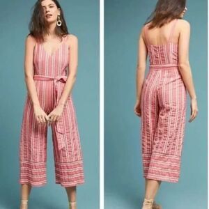 Lust +Wonder Pink/Red Pinstripe Cotton Linen Tie Waist Ankle Jumpuit size Large